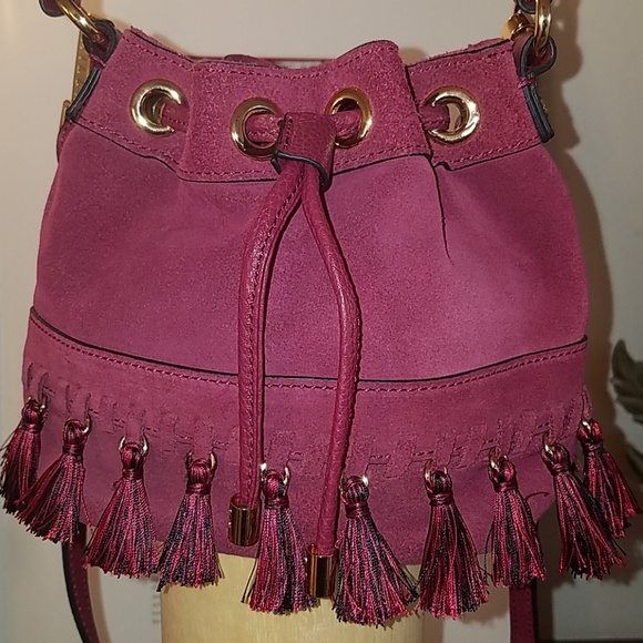 MILLY BURGUNDY TASSEL FRINGE MINI SUEDE BUCKET BAG - Picture 7 of 8